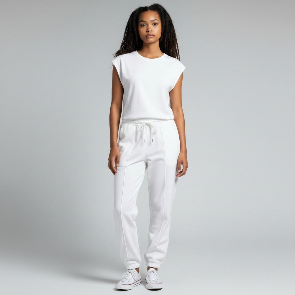 White Sleeveless Jogger Knit Jumpsuit Drawstring Waist Keyhole Back M